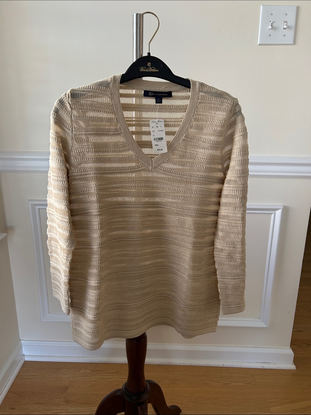 Brooks Brothers Cream Open-Knit V-Neck Sweater